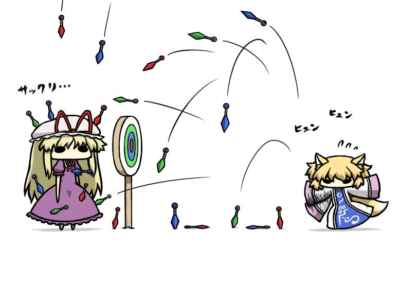 animal_ears, blonde_hair, chibi, dress, fox_ears, fox_tail, hat, hat_ribbon