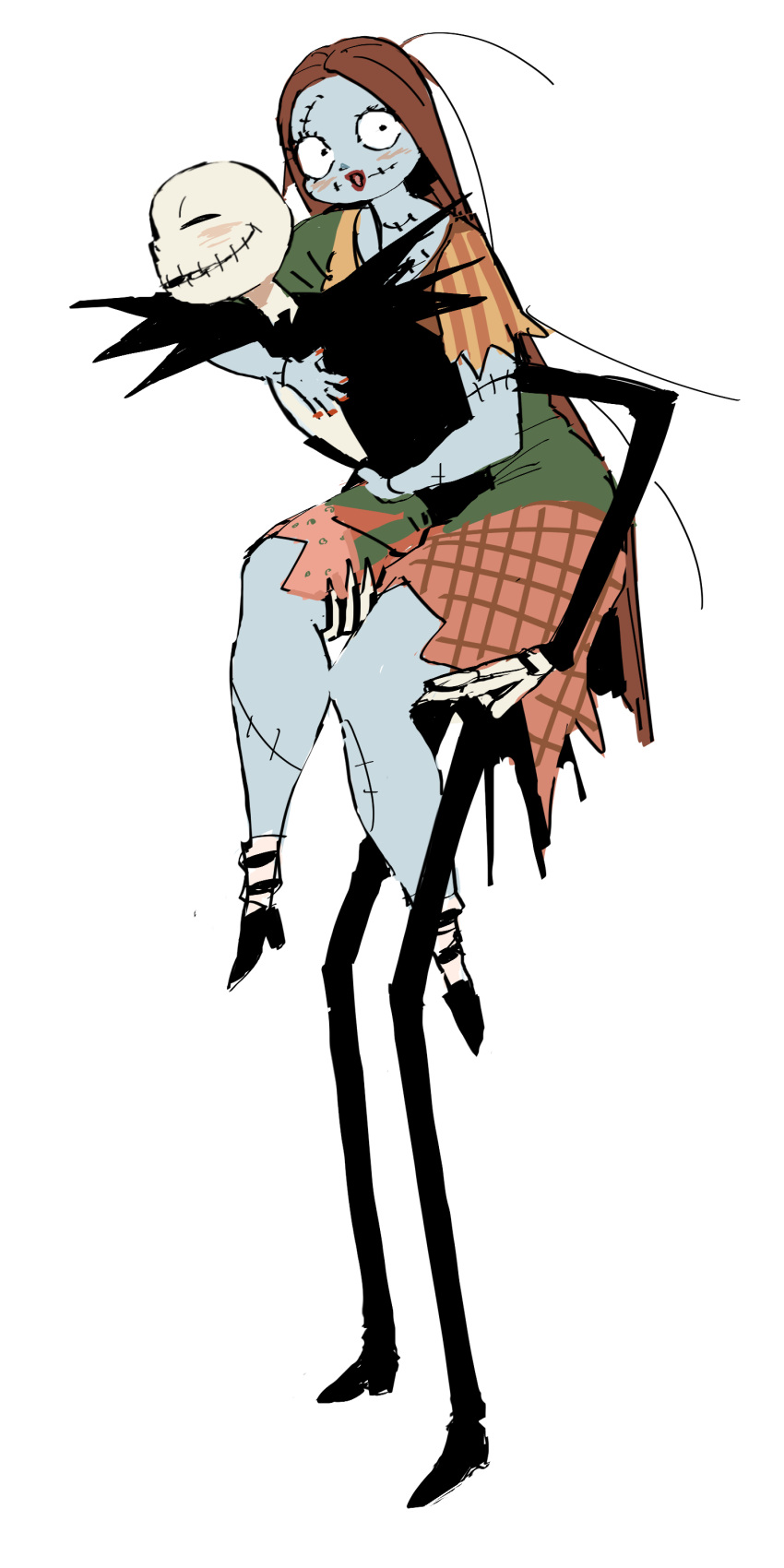 1boy, 1girl, absurdres, colored_skin, dress, highres, jack_skellington, long_hair
