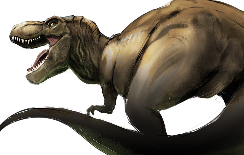 1girl, commentary, dinosaur, jurassic_park, nostrils, nyoruniru, open_mouth, rexy_(jurassic_park)