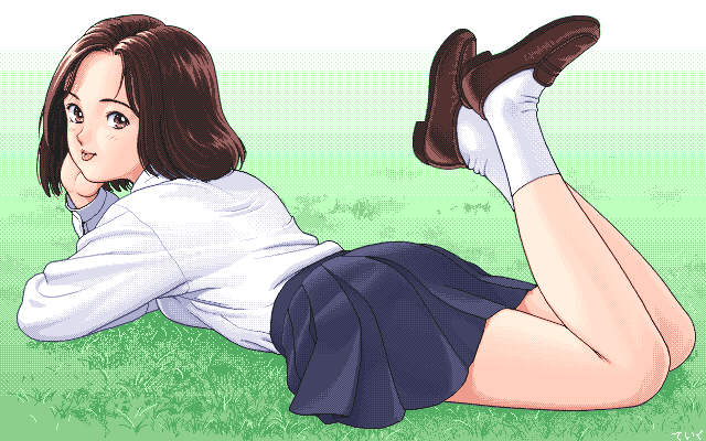 1990s_(style), 1girl, archived_source, artist_name, blue_skirt, breasts, brown_eyes, brown_hair