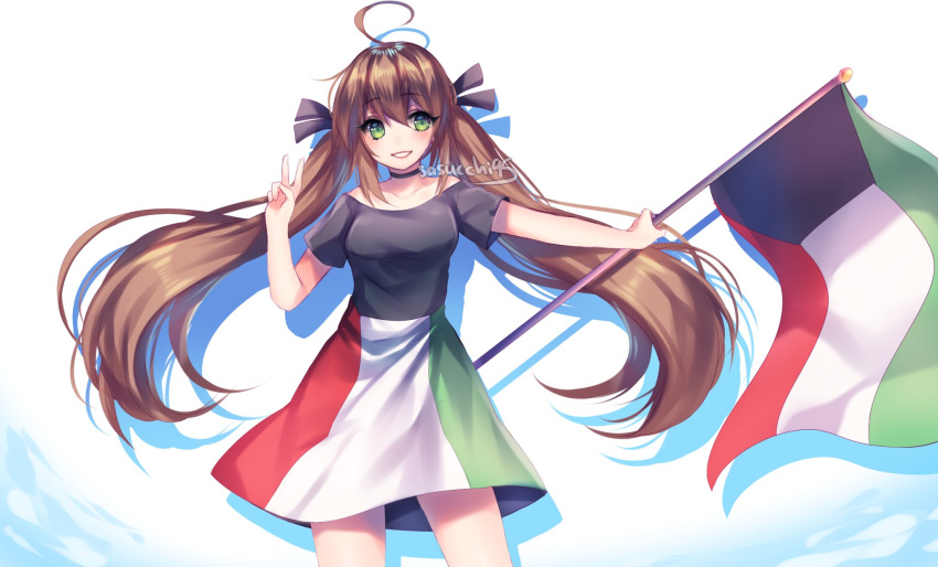 1girl, :d, ahoge, artist_name, bare_arms, bare_shoulders, black_bow, black_choker