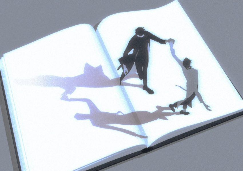 2boys, black_coat, black_hair, book, coat, dancing, from_above, full_body
