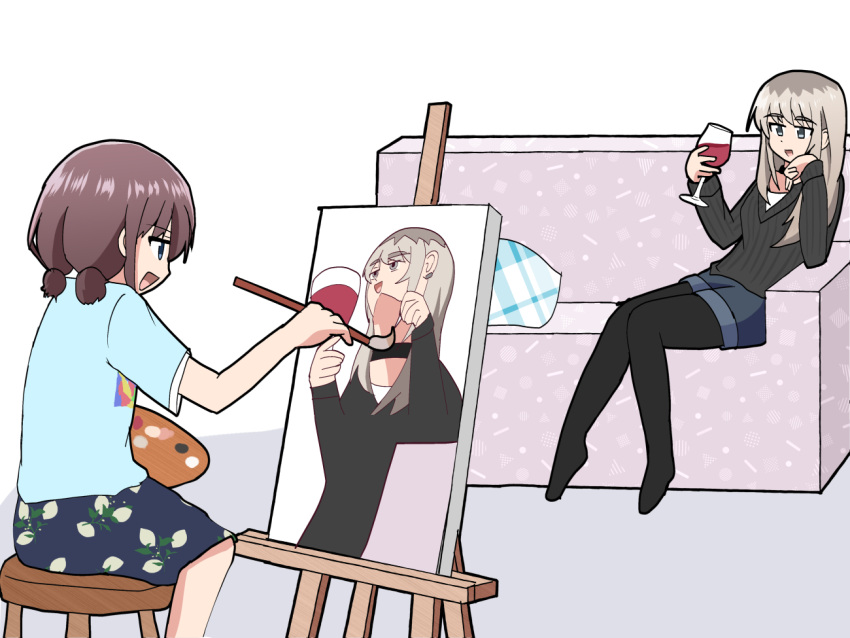 2girls, alcohol, arm_support, black_choker, black_pantyhose, black_sweater, blue_eyes, blue_shirt