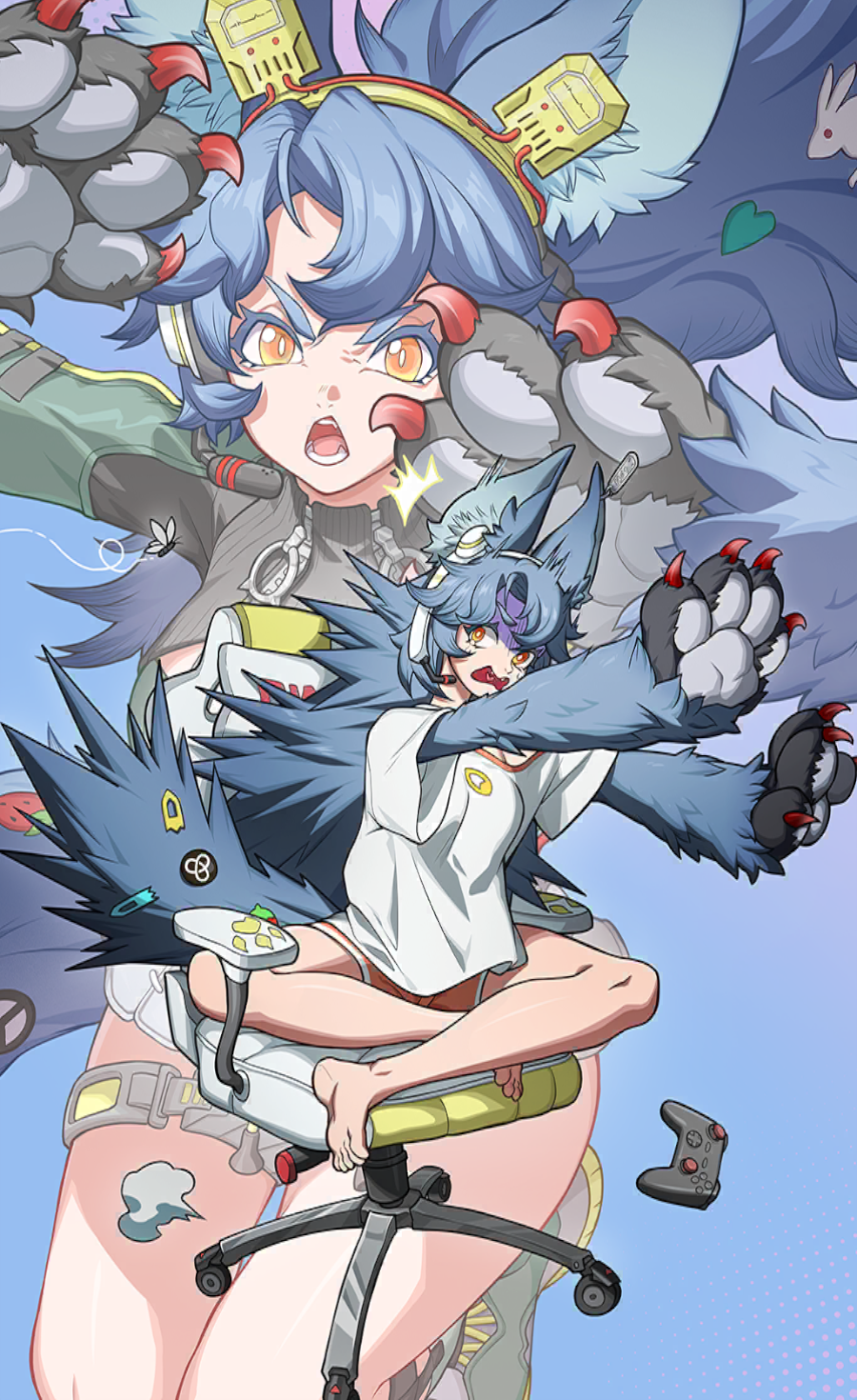 1girl, animal_ears, artist_request, bug, camille_(hati)_(dislyte), chair, controller, dislyte, food-themed_tail_ornament, game_cg, game_controller, grey_hair, headphones, heart_tail_ornament, highres, official_art, open_mouth, orange_eyes, rabbit_tail_ornament, red_claws, shorts, solo, swivel_chair, tail, tail_ornament, third-party_source, wolf_ears, wolf_tail