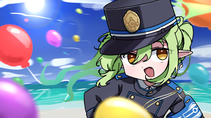1girl, :d, absurdres, aiguillette, armband, balloon, beach, black_hat
