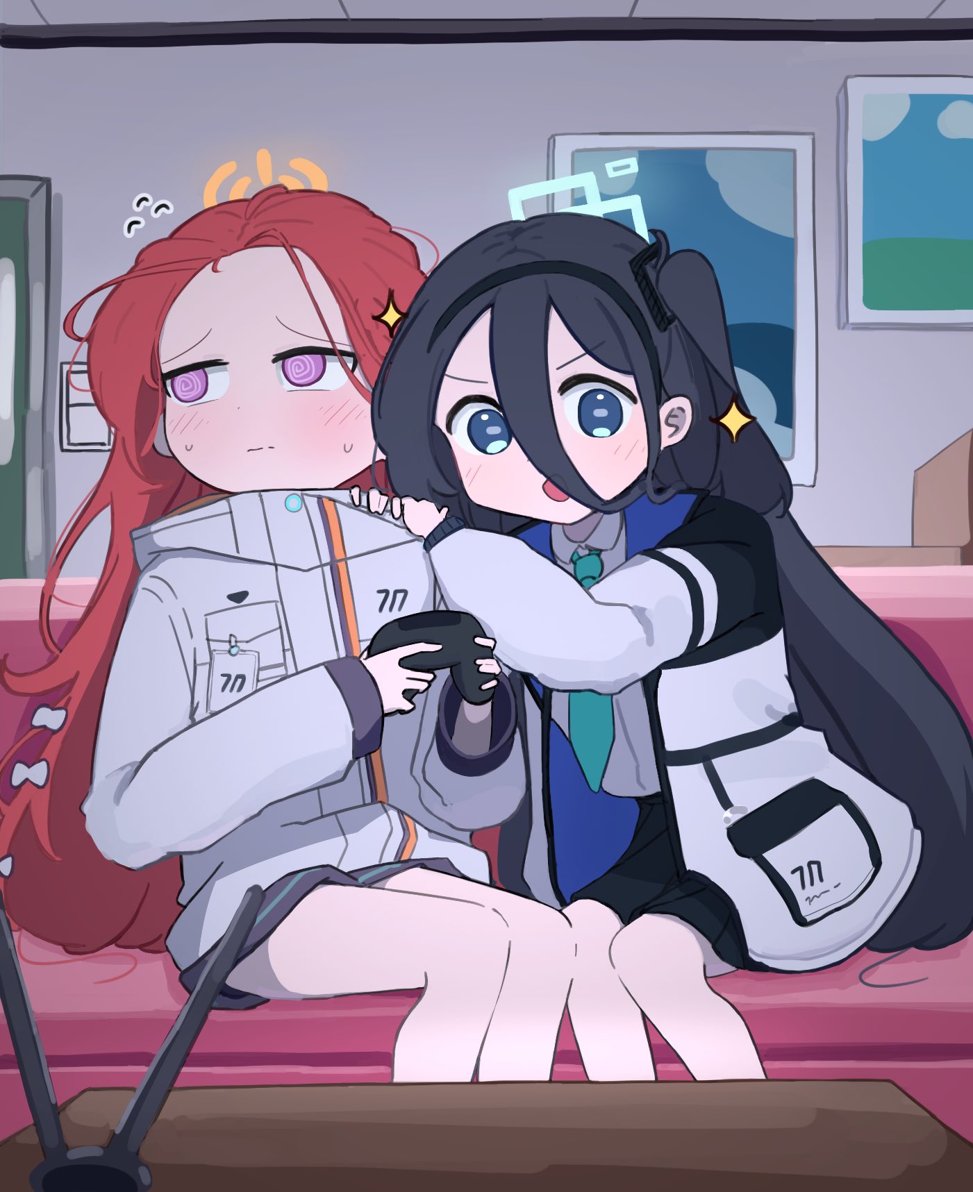 2girls, @_@, aris_(blue_archive), black_hair, black_hairband, black_jacket, black_skirt, blue_archive