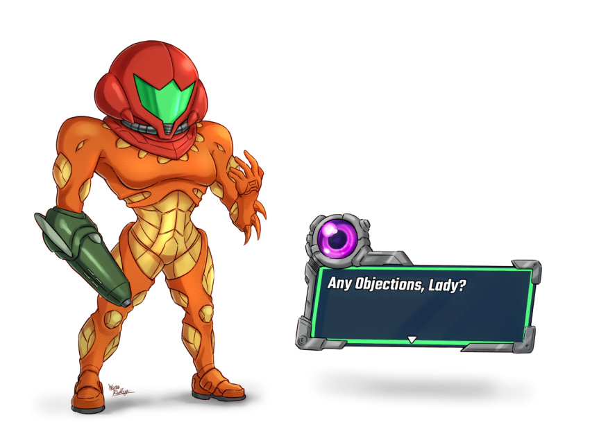 1girl, adam_malkovich, arm_cannon, armor, artist_name, assault_visor, chibi, commentary_request