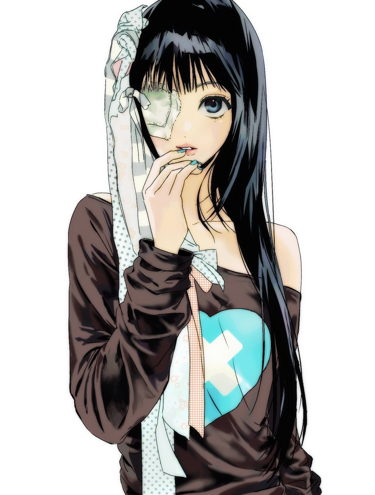 1girl, aqua_nails, black_hair, blue_eyes, blunt_bangs, brown_shirt, dot_nose, eyepatch