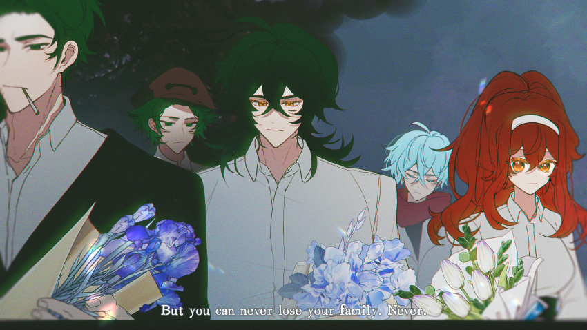 1girl, 4boys, adam's_apple, ahoge, black_jacket, blue_flower, blue_hair, blue_sky