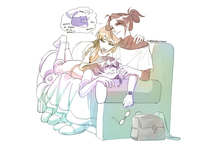 3girls, black_hair, blanket, brown_hair, cheek_pinching, commentary, couch, english_commentary