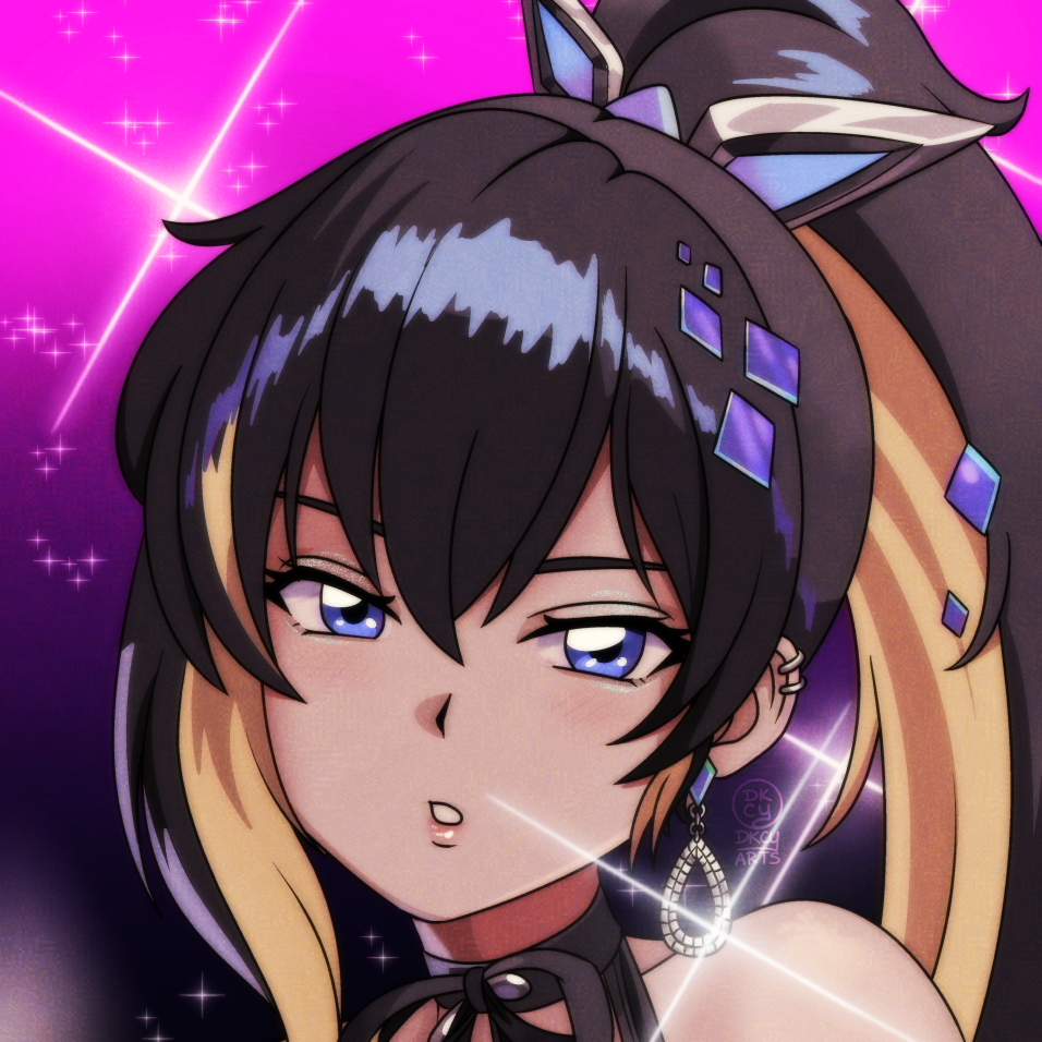 1girl, artist_logo, black_hair, blonde_hair, blue_eyes, commentary, dkcyarts, earrings