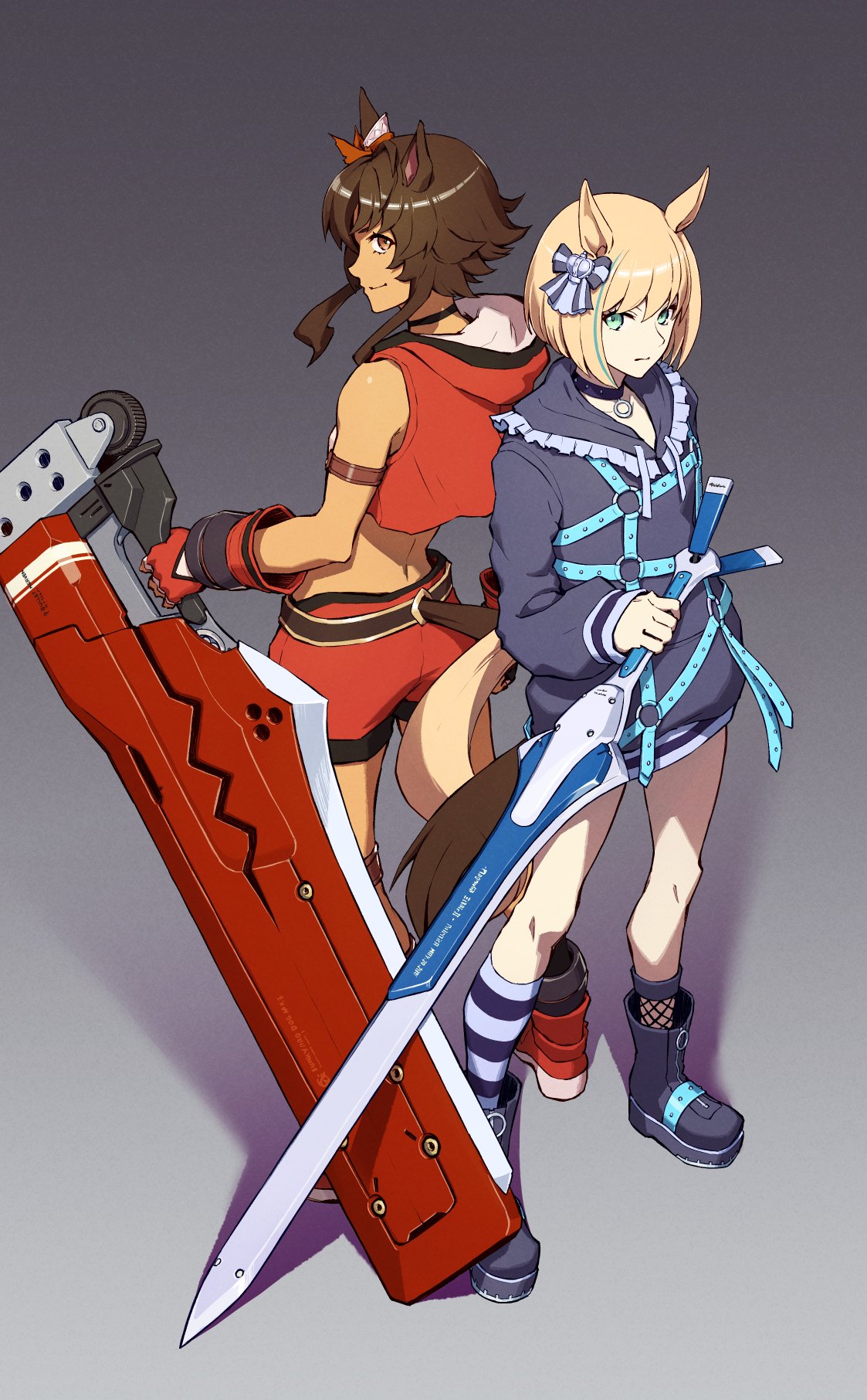 2girls, animal_ears, asymmetrical_legwear, back-to-back, bell, belt, bitter_glasse_(umamusume), blonde_hair