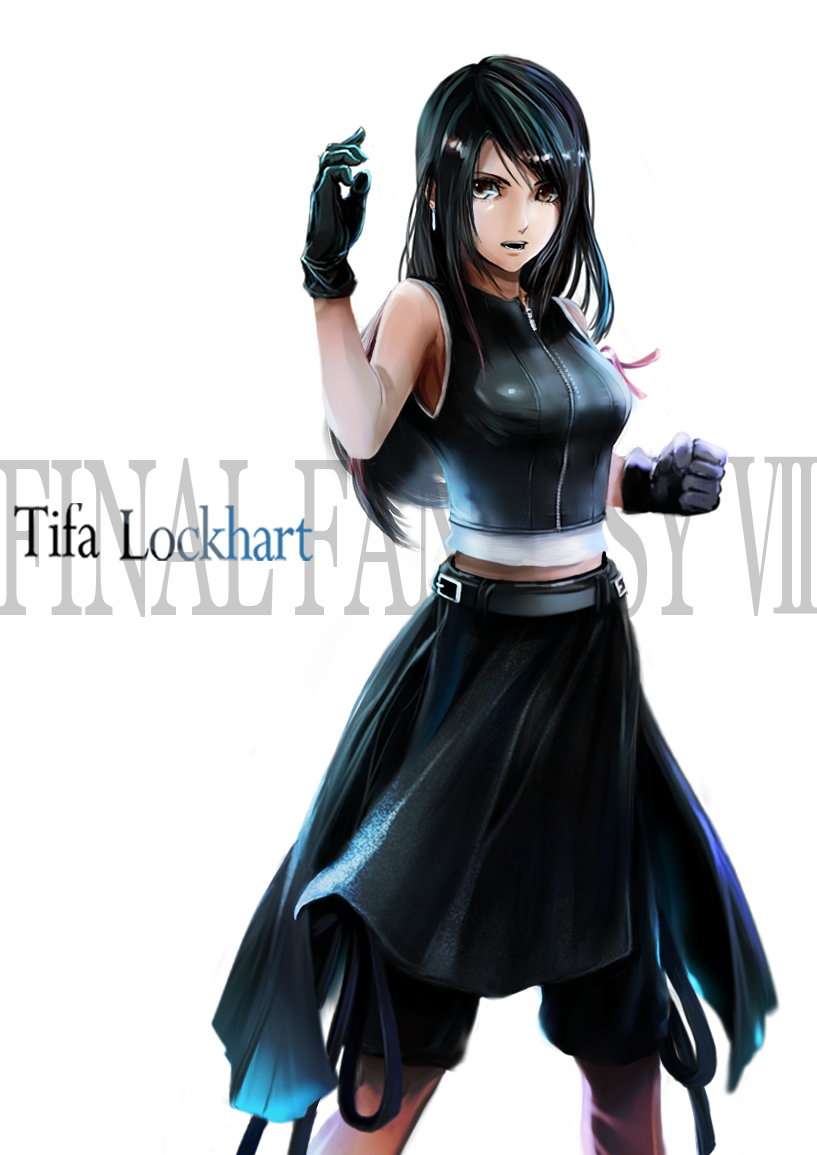 black_hair, brown_eyes, character_name, clenched_hand, fighting_stance, final_fantasy, final_fantasy_vii, final_fantasy_vii_advent_children, fist, gloves, long_hair, midriff, skirt, ten_(k1208), tifa_lockhart, title_drop
