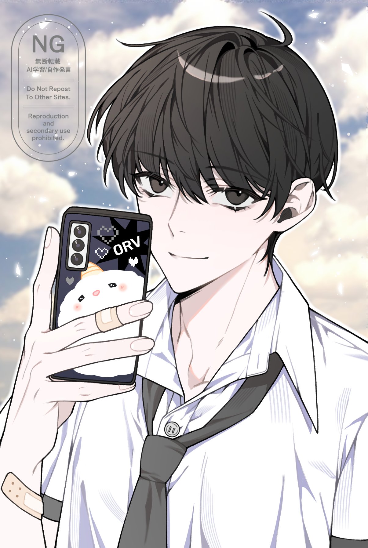 1boy, ahoge, bandaid, bandaid_on_arm, biyoo_(omniscient_reader's_viewpoint), black_hair, black_necktie, clouds, cloudy_sky, collared_shirt, commentary_request, highres, holding, holding_phone, kim_dokja, korean_commentary, lens_flare, looking_at_viewer, male_focus, ming_hj0707, necktie, omniscient_reader's_viewpoint, outdoors, phone, shirt, short_hair, sky, smile, solo, upper_body, white_shirt