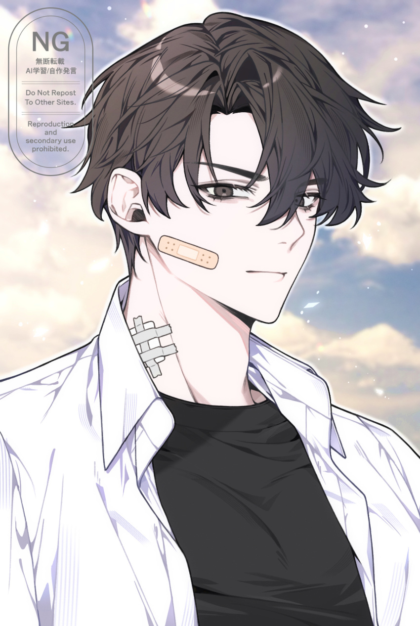 1boy, bandage_on_neck, bandaid, bandaid_on_face, black_eyes, black_hair, black_shirt, clouds, cloudy_sky, collared_shirt, commentary_request, curtained_hair, hair_between_eyes, highres, korean_commentary, lens_flare, looking_at_viewer, male_focus, ming_hj0707, narrowed_eyes, omniscient_reader's_viewpoint, outdoors, shirt, short_hair, sky, solo, undershirt, upper_body, white_shirt, yoo_joonghyuk