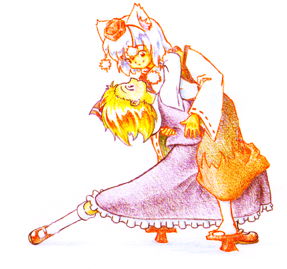 animal_ears, bad_id, blonde_hair, feconf, geta, hat, hug, inubashiri_momiji