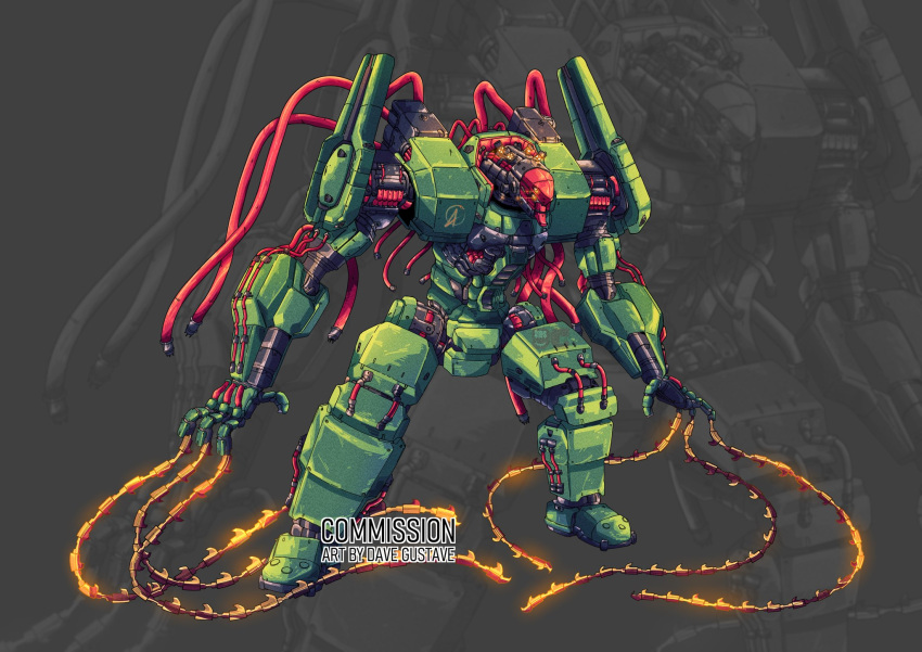 commentary, commission, dave_gustave, english_commentary, glowing, glowing_eyes, highres, mecha, mecha_focus, mobile_suit, no_humans, original, robot, science_fiction, solo, weapon, yellow_eyes