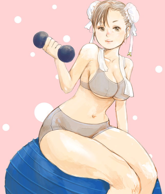 ball, bare_shoulders, bra, breasts, brown_eyes, brown_hair, chun-li, cleavage, dumbbell, exercise_ball, kazaana, large_breasts, light_smile, lingerie, navel, short_hair, short_shorts, shorts, solo, sports_bra, street_fighter, street_fighter_ii, thick_thighs, thighs, under_boob, underboob, underwear, weights
