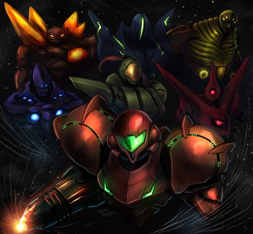1girl, alien, arm_cannon, armor, assault_visor, full_armor, green_visor, helmet