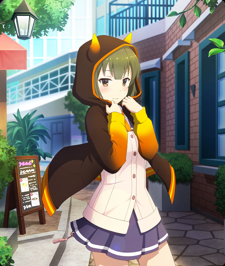1girl, ban_tsugumi, blazer, blue_skirt, blush, brick_wall, brown_jacket, building, buttons, closed_mouth, cowboy_shot, day, dot_nose, game_cg, gradient_clothes, gradient_jacket, green_hair, hands_up, hedge, hood, hooded_jacket, horned_hood, horns, jacket, looking_at_viewer, necktie, official_art, open_clothes, open_jacket, orange_jacket, orange_sleeves, outdoors, railing, renpu_girls_school_uniform, school_uniform, sign, skirt, smile, solo, stone_walkway, third-party_source, toji_no_miko, toji_no_miko:_kizamishi_issen_no_tomoshibi, tree, white_jacket, window, yellow_eyes, yellow_necktie