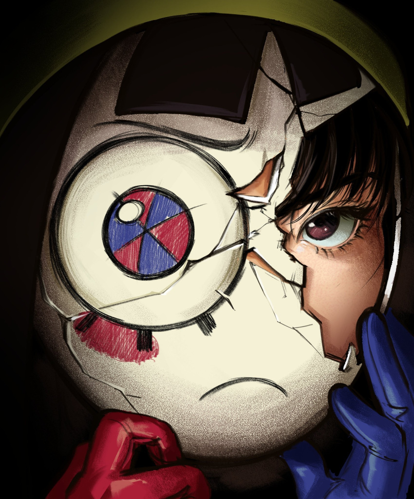 1girl, asymmetrical_gloves, black_hair, blue_eyes, blue_gloves, blunt_bangs, blush, brown_eyes, cracked_kawaii_mask, cracked_skin, english_commentary, frown, gazo1a, gloves, hat, highres, jester_cap, looking_at_viewer, multicolored_eyes, pomni_(the_amazing_digital_circus), red_eyes, red_gloves, the_amazing_digital_circus