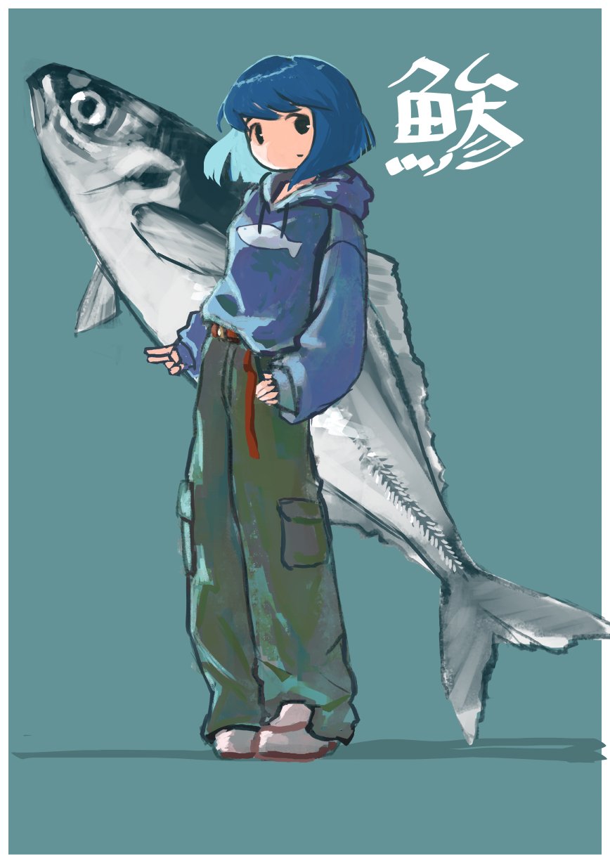 1girl, 5afvb, animal_print, aqua_background, belt, black_hair, blue_hoodie, border