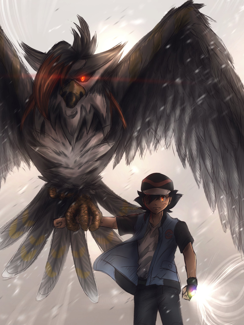 1boy, absurdres, ash_ketchum, baseball_cap, beak, bird, colored_sclera, hat