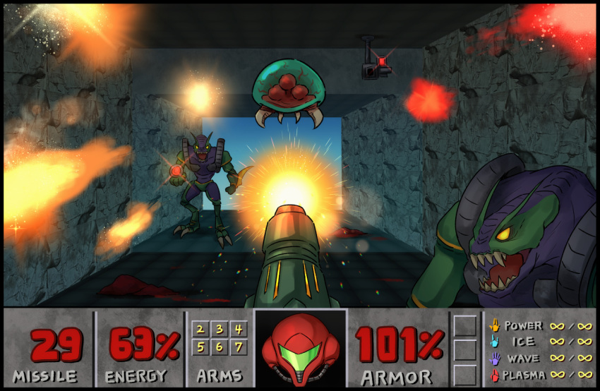 1girl, arm_cannon, assault_visor, doom_(series), doom_i, fake_screenshot, fangs, firing