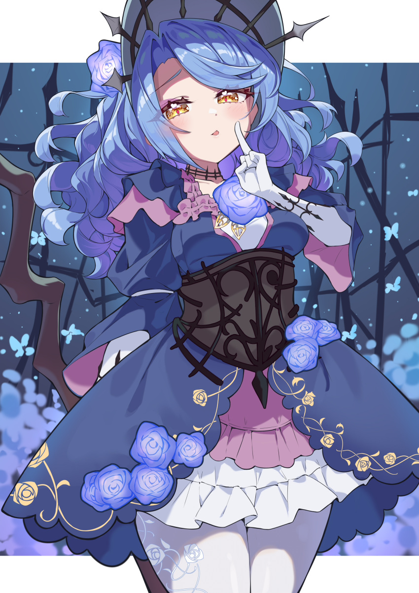 1girl, absurdres, alternate_costume, blue_flower, blue_hair, commentary_request, curly_hair, dress