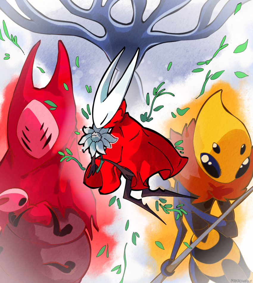 4girls, aged_down, arthropod_girl, bee_girl, black_eyes, black_skin, child, cloak, closed_eyes, colored_skin, commentary, english_commentary, everbloom_(hollow_knight), extra_eyes, flower, herrah_(hollow_knight), highres, hive_queen_vespa_(hollow_knight), holding, holding_flower, holding_weapon, hollow_eyes, hollow_knight, hollow_knight:_silksong, horned_mask, hornet_(hollow_knight), mask, miikrowelle, multiple_girls, red_cloak, weapon, white_flower, white_lady_(hollow_knight), white_mask, yellow_skin