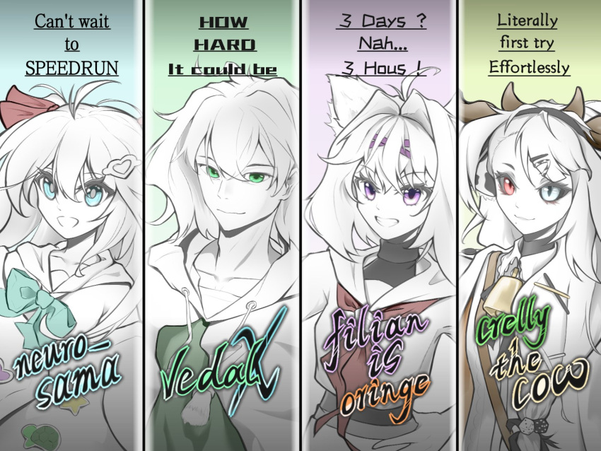 1boy, 3girls, :3, :d, ahoge, animal_ears, aqua_background, aqua_bow