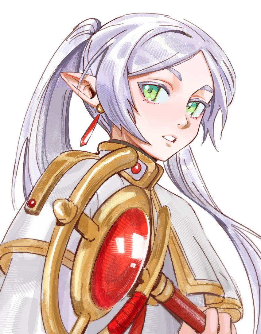 1girl, capelet, colored_eyelashes, earrings, elf, frieren, gold_trim, green_eyes