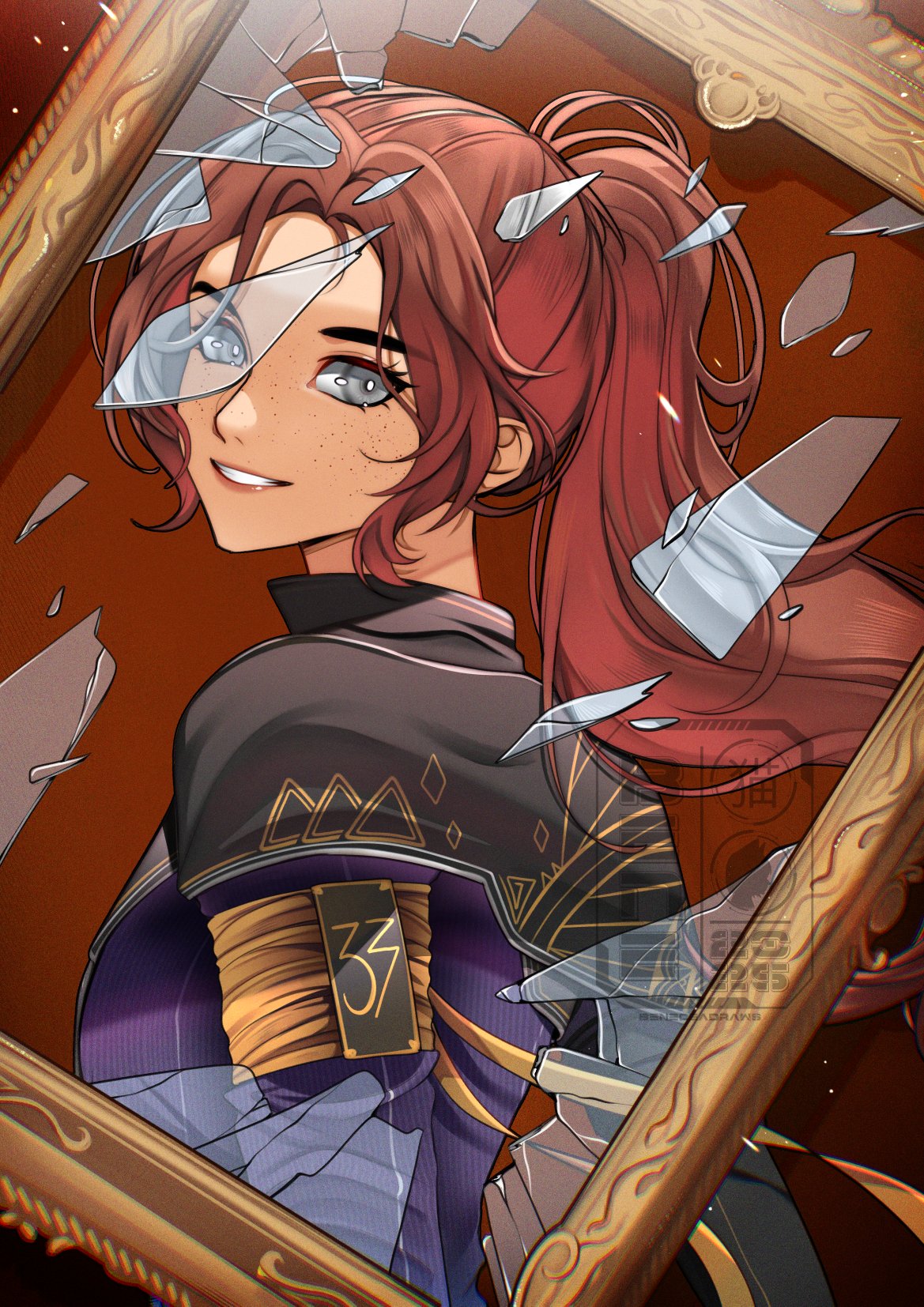 1girl, arm_ribbon, beneceadraws, black_capelet, breasts, broken_glass, brown_background, brown_hair