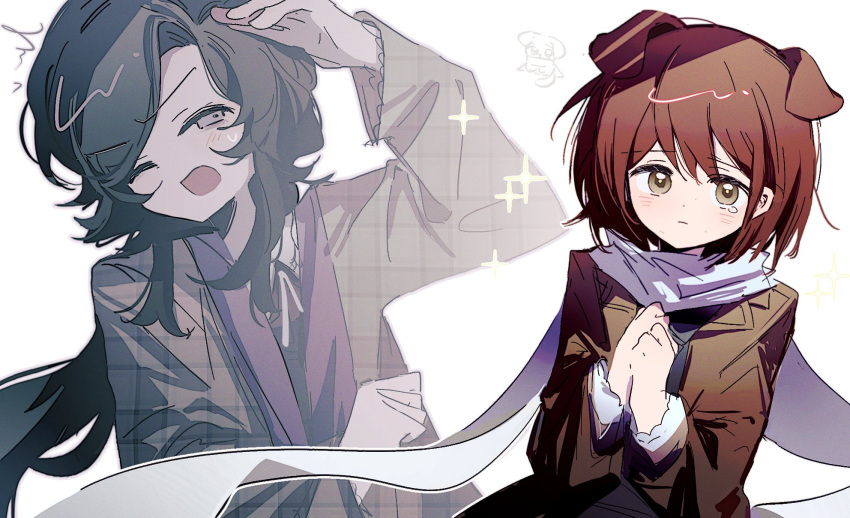 2girls, animal_ears, asya_shubina, brown_hair, brown_jacket, commentary, dog_ears, dog_girl