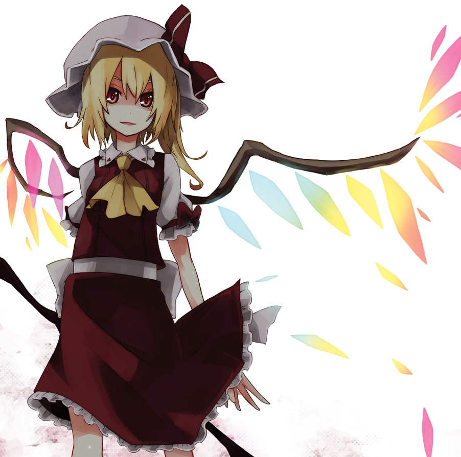 album_cover, alternate_wings, ascot, blonde_hair, cover, flandre_scarlet, gradient, hat, looking_at_viewer, parted_lips, red_eyes, shirofox, short_hair, side_ponytail, simple_background, smile, solo, the_embodiment_of_scarlet_devil, touhou, wings