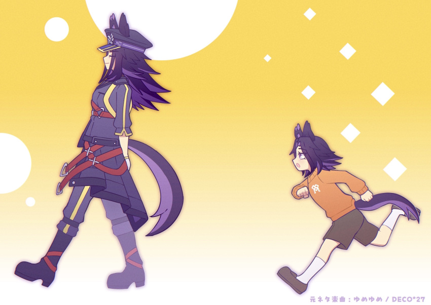 2girls, age_progression, animal_ears, black_boots, black_coat, black_hair, black_jacket, black_pants