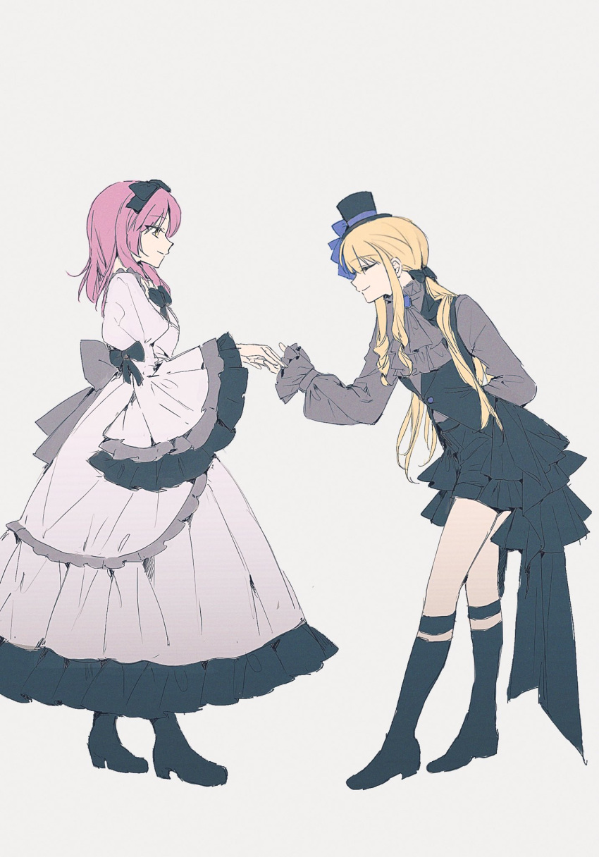 2girls, arm_behind_back, asprosgy, back_bow, black_bow, black_bowtie, black_headdress, blonde_hair, bow, bowtie, closed_eyes, closed_mouth, dress, eiyuu_densetsu, full_body, hair_bow, hat, headdress, highres, holding_hands, long_hair, long_sleeves, mini_hat, mini_top_hat, multiple_girls, pink_hair, puffy_long_sleeves, puffy_sleeves, renne_(eiyuu_densetsu), short_hair, simple_background, smile, sora_no_kiseki, tita_russell, top_hat, traditional_bowtie, white_background, yellow_eyes
