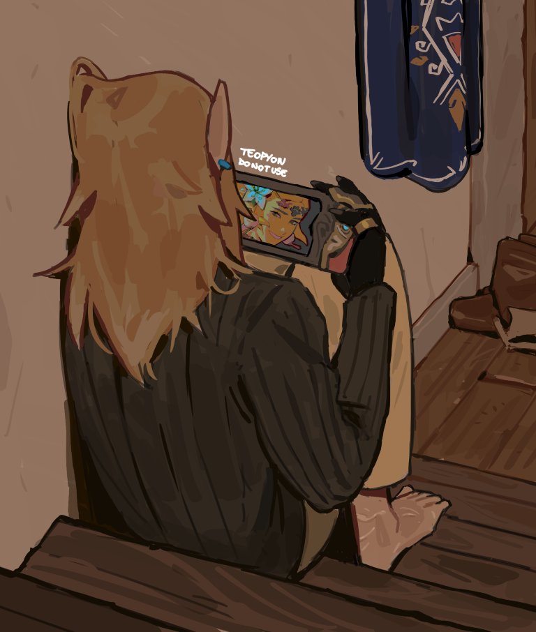 1boy, artist_name, barefoot, black_cloak, black_sweater, blonde_hair, boots, brown_boots