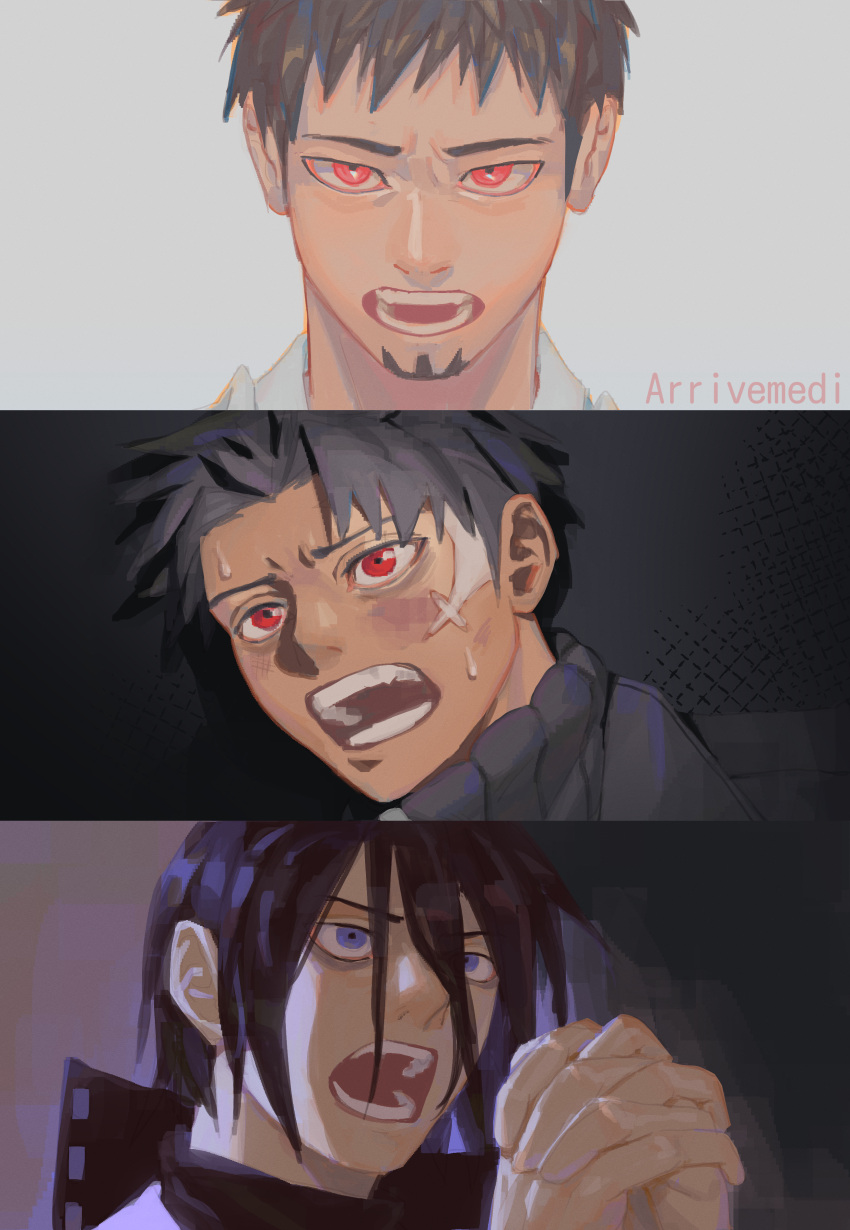3boys, absurdres, asteris-kitsy, black_background, commentary_request, comparison, facial_hair, goatee
