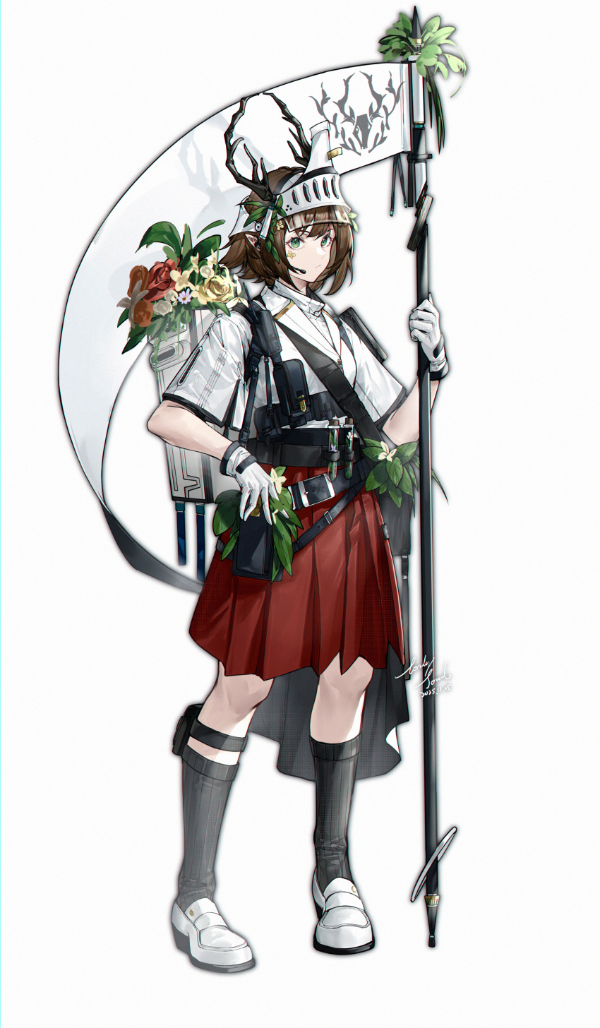 1girl, absurdres, brown_flower, brown_rose, commentary_request, flag, flower, full_body, gloves, grey_background, grey_socks, hand_up, highres, holding, holding_flag, lonelysound, original, pleated_skirt, red_flower, red_rose, red_skirt, ribbed_socks, rose, shirt, shoes, short_sleeves, simple_background, skirt, socks, solo, standing, white_flag, white_flower, white_gloves, white_rose, white_shirt, white_shoes, yellow_flower, yellow_rose