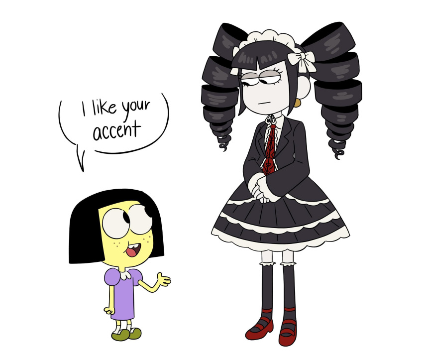 2girls, big_city_greens, black_hair, black_jacket, black_skirt, black_socks, bow, celestia_ludenberg