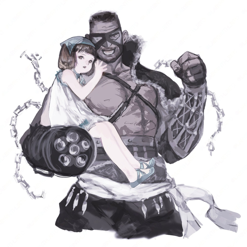 1boy, 1girl, barret_wallace, beard, brown_hair, carrying, carrying_person, commentary_request, company_connection, cosplay, dark-skinned_male, dark_skin, eyepatch, facial_hair, father_and_daughter, final_fantasy, final_fantasy_vii, gatling_gun, headscarf, highres, looking_at_viewer, marlene_wallace, nier, nier_(father), nier_(father)_(cosplay), nier_(series), simple_background, smile, square_enix, tori_(labyrinth_fft), trait_connection, yonah, yonah_(cosplay)