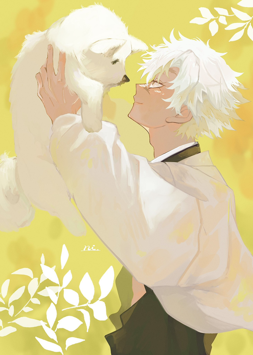 1boy, animal, black_jacket, closed_mouth, commentary_request, demon_slayer_uniform, dog, high_collar