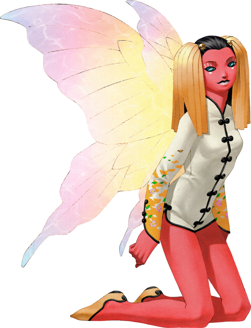 1girl, absurdres, blonde_hair, butterfly_wings, china_dress, chinese_clothes, colored_skin, demon_(megami_tensei)