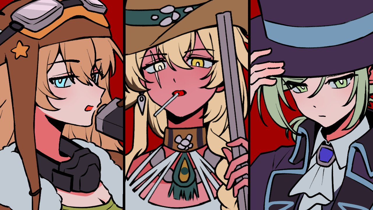 3girls, argus_(reverse:1999), ascot, aviator_cap, blonde_hair, blue_eyes, boater_hat, brown_hat