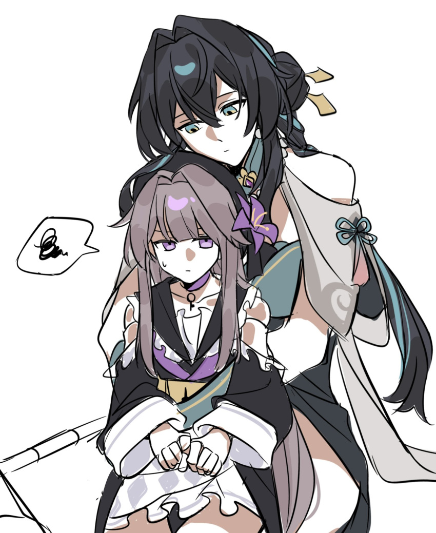 2girls, aqua_eyes, beret, black_hair, brown_hair, choker, clothing_cutout, doll_joints