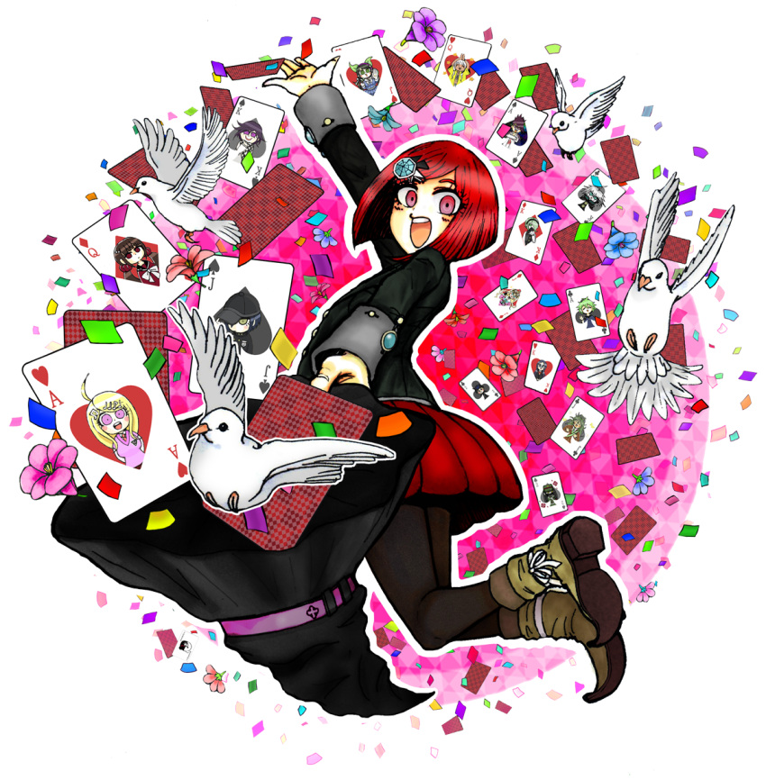1girl, ace_(playing_card), ace_of_clubs, ace_of_hearts, ace_of_spades, akamatsu_kaede, amami_rantaro, arm_up