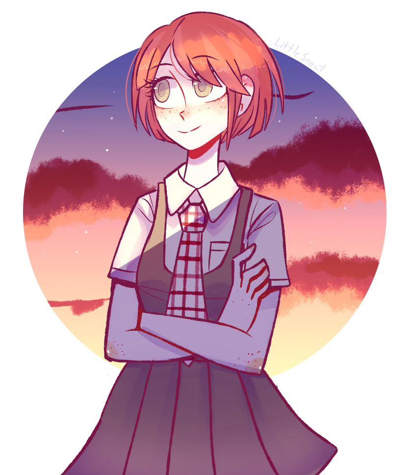 1girl, arm_freckles, body_freckles, breast_pocket, closed_mouth, clouds, collared_shirt, commentary