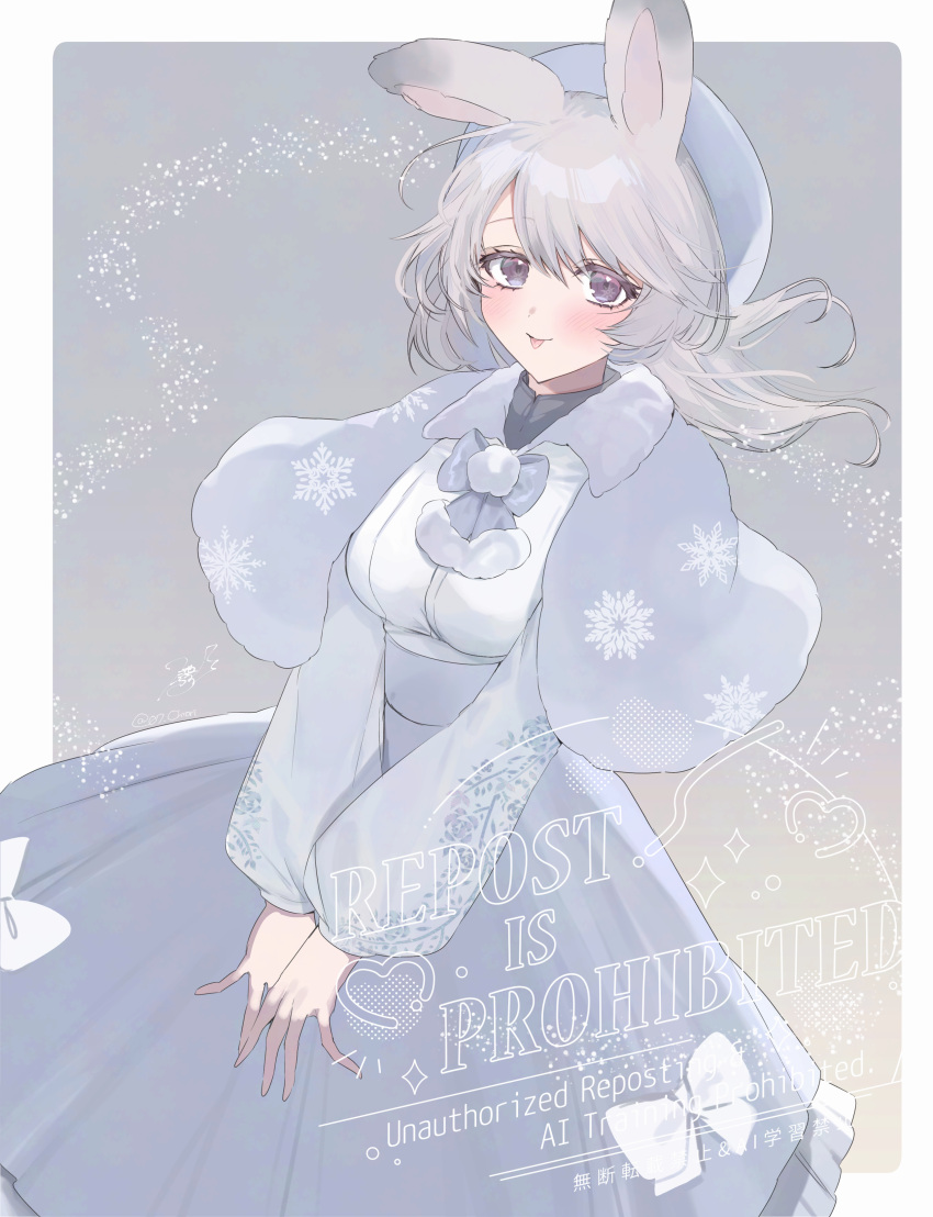 1girl, :p, absurdres, animal_ears, beret, blue_hat, bow, capelet