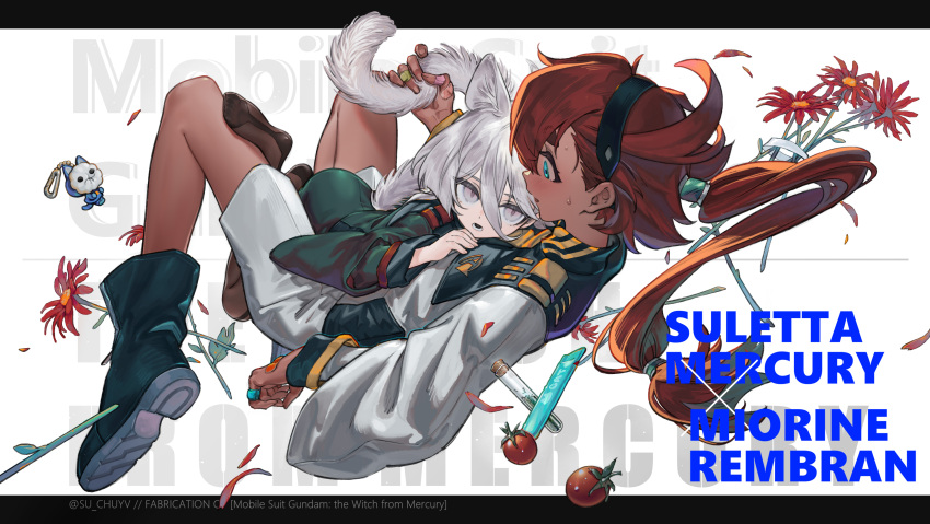2girls, absurdres, animal_ears, asticassia_school_uniform, bandaid, bandaid_on_finger, bandaid_on_hand, black_boots
